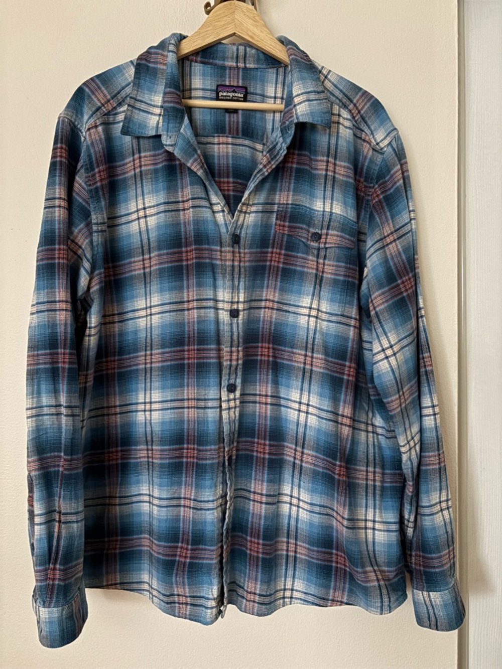 Patagonia Blue Plaid Shirt with Red Accents
